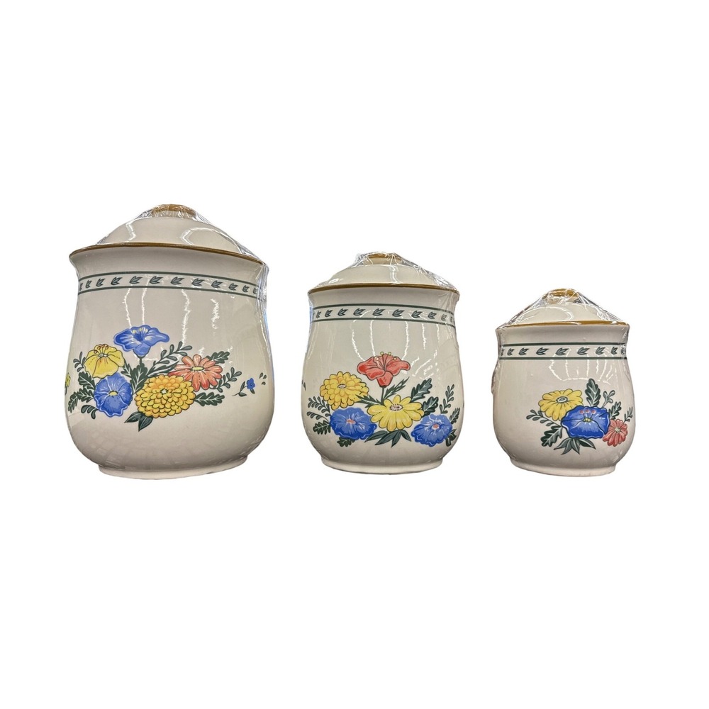 Vintage 1982 M Kamenstein Floral‎ Ceramic Kitchen Canister Set of 3 Cream Multi